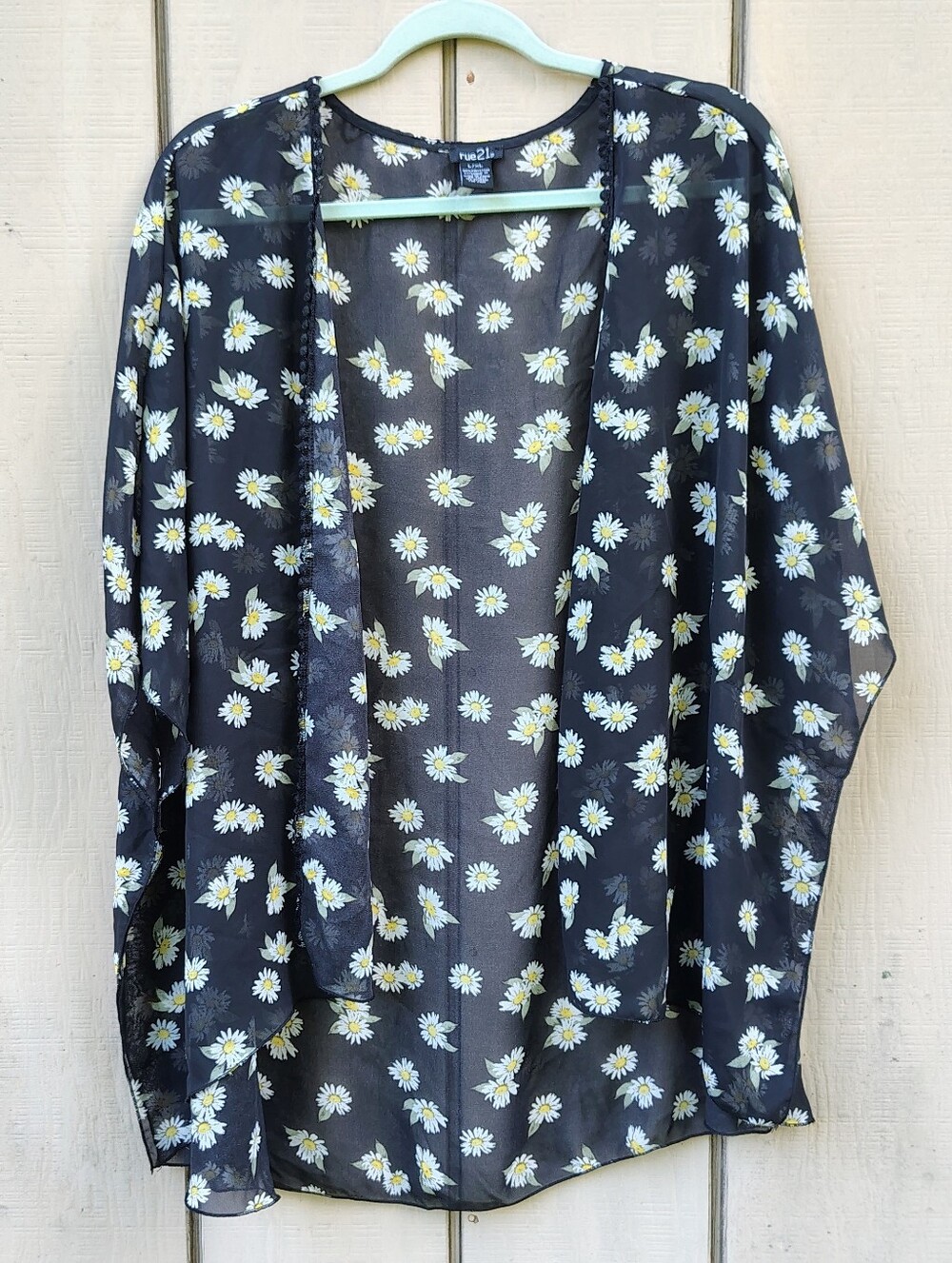 Black Sheer Daisy Floral Open Front Kimono Cover Up L/XL Boho Soft Whimsical